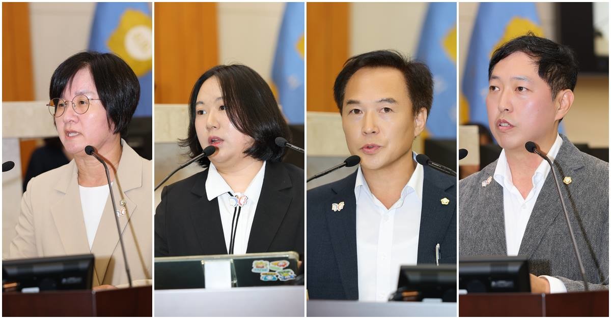 (왼쪽부터) 김은주, 이다영, 전주형, 정원석 의원 시정질문 모습/포항시의회