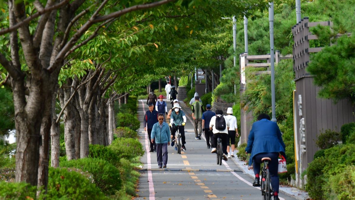 경북 포항시 남구 철길 숲에서 긴팔 차림의 시민들이 숲길을 따라 산책하고 있다.  / 뉴스1