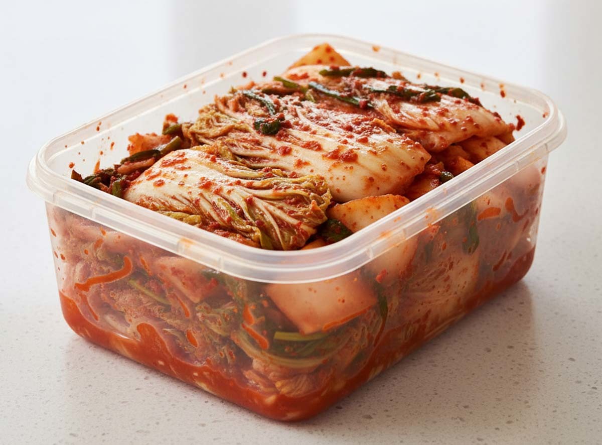 락스를 아주 묽게 만들어 김치통에 담아 놓으면 플라스틱 김치통이 깨끗해진다. AI 툴로 만든 사진.