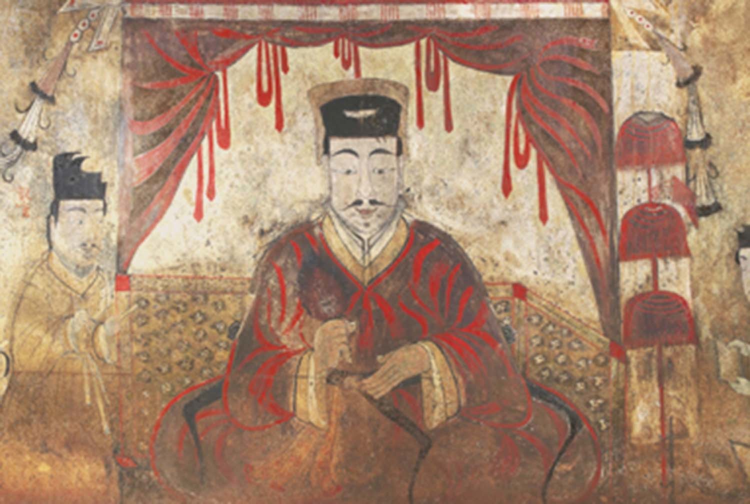 안악3호분 벽화에 그려진 묘주 부부 중 남성. 좌우에 관리를 거느리고 정사를 보는 모습이 세밀하게 묘사돼 있다. / 동북아역사넷 홈페이지