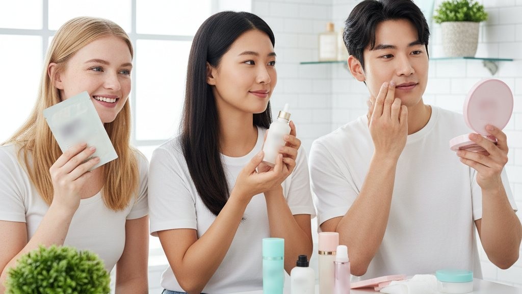 한국 화장품을 사용하는 외국인들의 모습. 기사 내용을 바탕으로 AI가 생성한 자료사진.