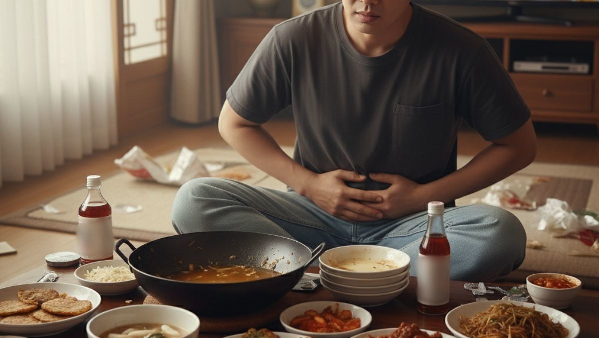 명절에 기름진 음식을 많이 먹고 속이 불편해 보이는 모습. 기사 내용을 바탕으로 AI가 생성한 자료사진.