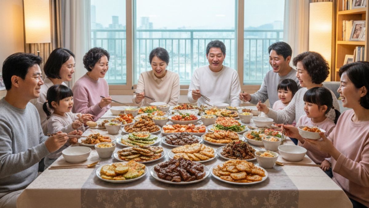 가족이 모여 명절 음식을 먹고 있다. 기사 내용을 바탕으로 AI가 생성한 자료사진.