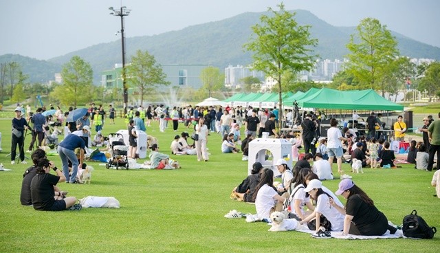 2024 댕댕나이트런 참가자들이 오천그린광장에 모여 앉아 쉬고 있다