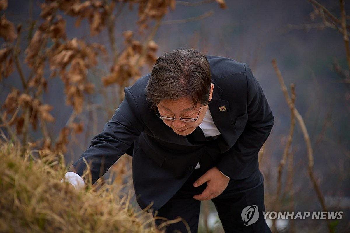 李대통령, 부모 선영 참배…'모두의 대통령 다짐 다시 새겨'...사진은 이재명 대통령이 대선 예비후보 시절이었던 지난 4월 고향 안동에서 부모 선영을 참배하는 모습 / 연합뉴스