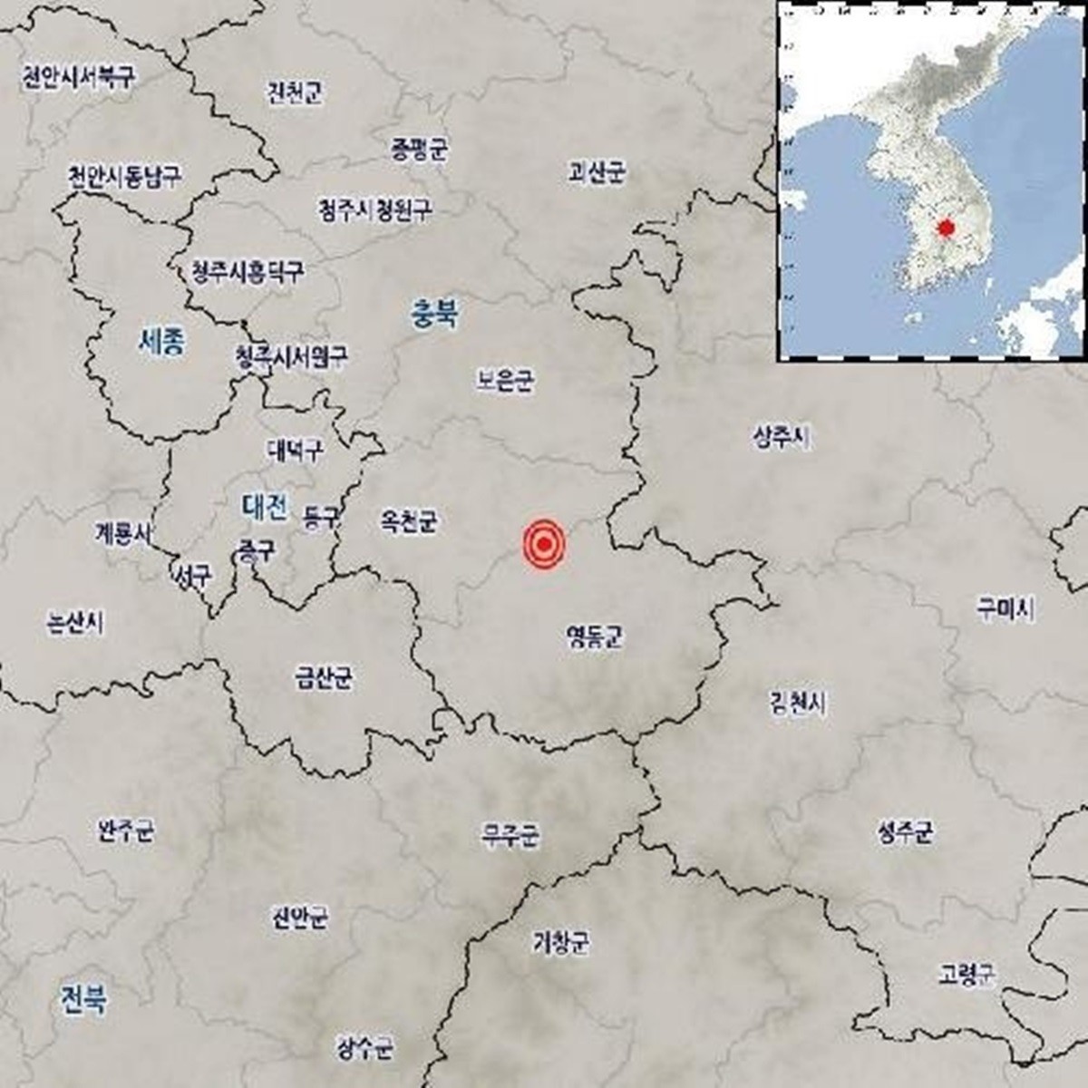 기상청에 따르면 8일 오전 11시 49분 39초에 충북 옥천군 동쪽 17km 지역에서 규모 3.1의 지진이 발생했다. 이번 지진의 진앙은 북위 36.28도, 동경 127.76도이며 지진 발생 깊이는 9km이다. / 기상청 제공