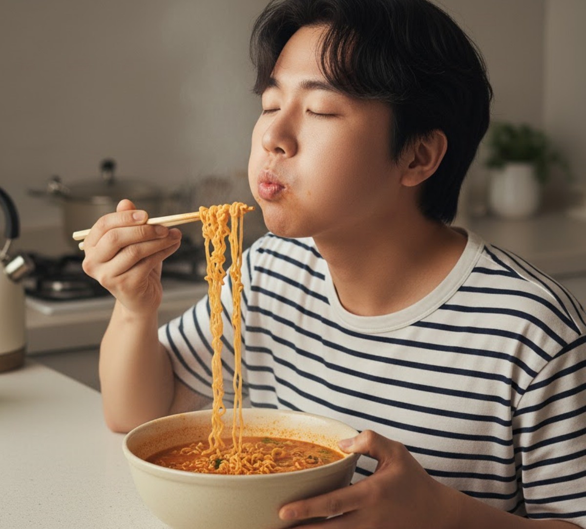 라면 먹는 사람. 기사 내용을 바탕으로 AI가 생성한 자료사진.