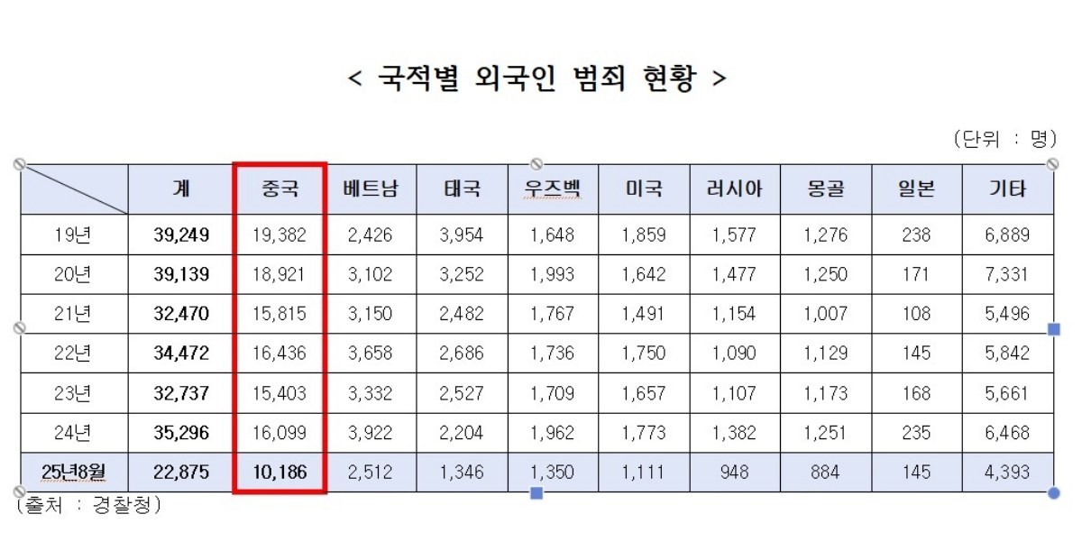 국적별 외국인 범죄 현황. / 경찰청 제공-뉴스1