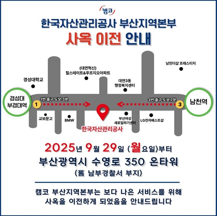 캠코(한국자산관리공사)는 10월 14일(화) 부산광역시 남구 대연동 나라키움 온타워(舊 남부경찰서 부지) 3층에서 김서중 캠코 부사장 등이 참석한 가운데 캠코 부산지역본부 이전식을 개최했다. / 포스터제공=캠코