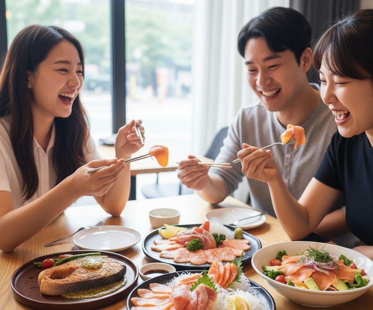 연어 요리를 맛있게 먹는 사람들. 기사 내용을 바탕으로 AI가 생성한 자료사진.