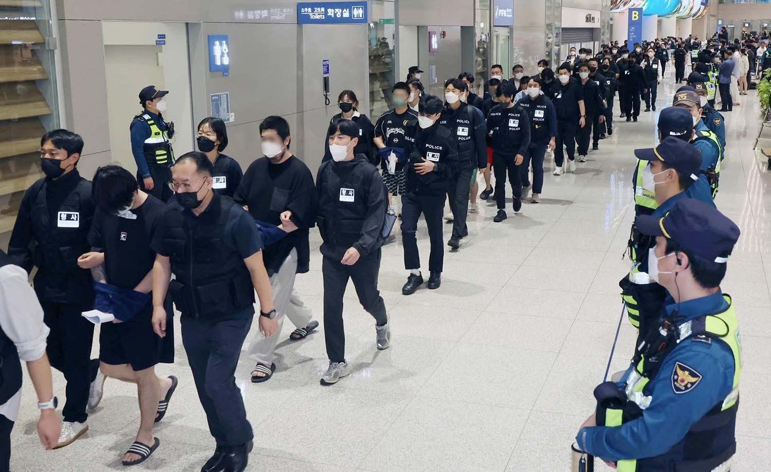 캄보디아 당국의 범죄단지 단속으로 적발돼 구금됐던 한국인들이 18일 오전 인천국제공항 2터미널을 통해 송환되고 있다. 이번 송환 대상자들은 이른바 '웬치'로 불리는 캄보디아 범죄단지에서 보이스피싱이나 로맨스 스캠(사기) 등 범죄에 가담한 혐의를 받고 있다. 이들은 호송 차량 23대 등을 타고 충남경찰청 등 6개 관할 경찰관서로 압송된다. / 뉴스1