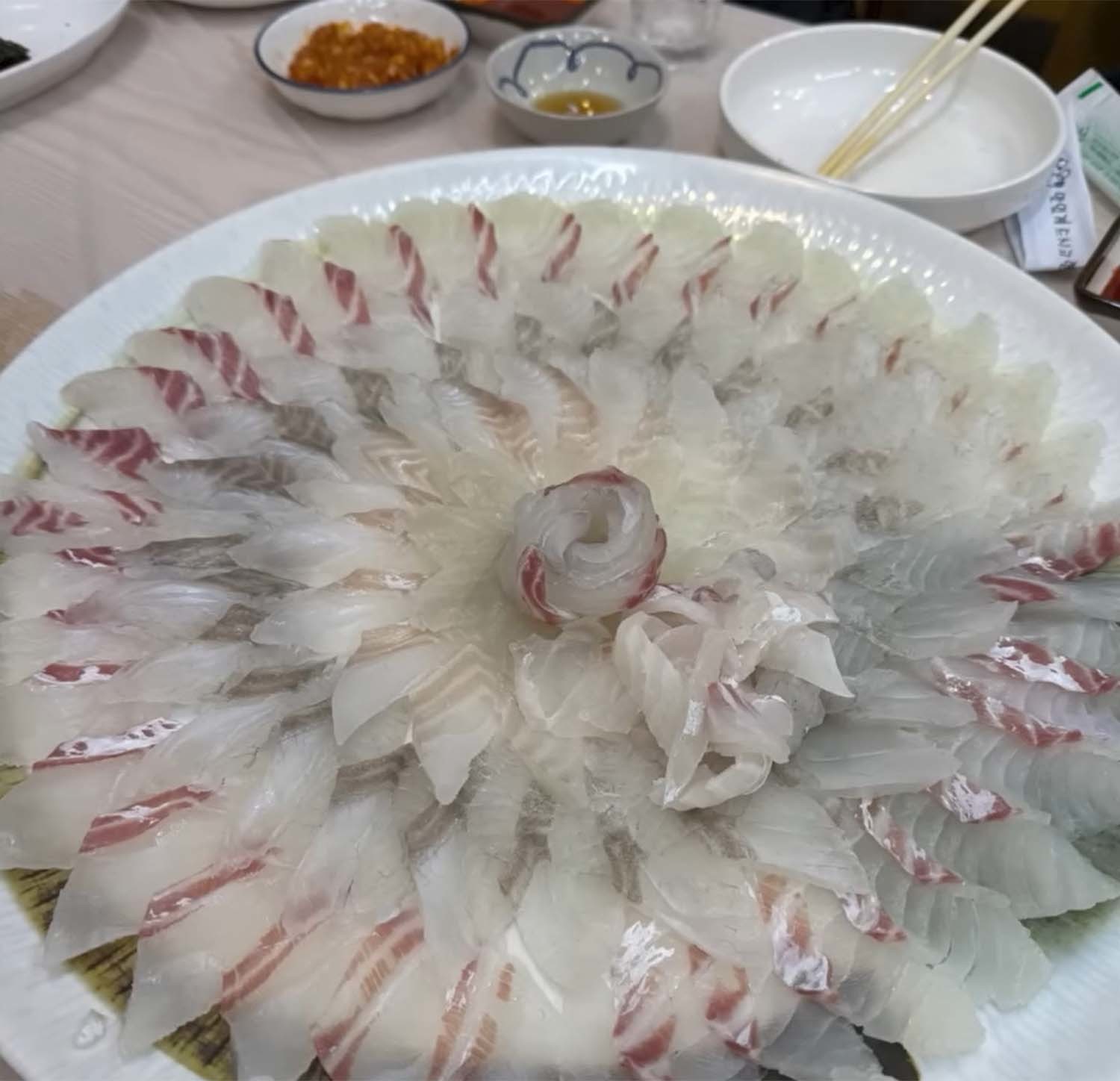 한 네티즌이 속초 대포항의 한 횟집에서 먹은 16만원짜리 모둠회. 냉동 복어를 끼워 판 것으로 보인다. / '입질의추억TV' 유튜브