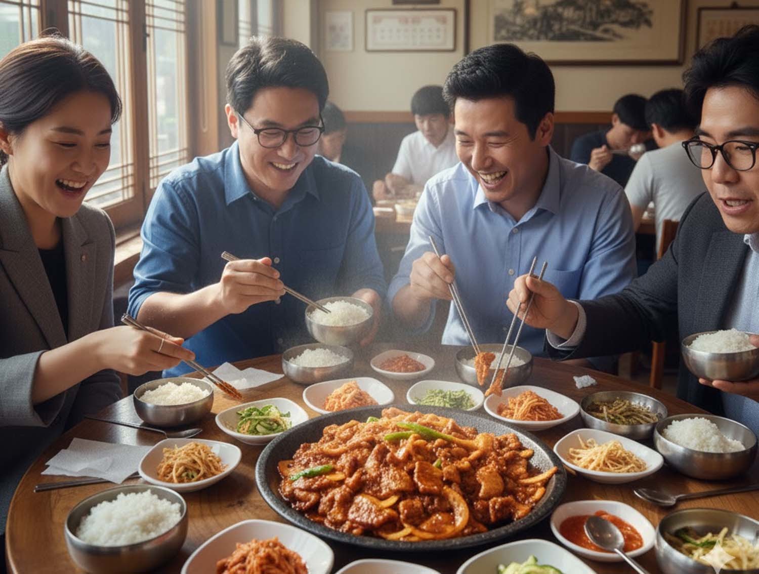 제육볶음을 먹는 직장인들. AI 툴로 제작한 사진이다.