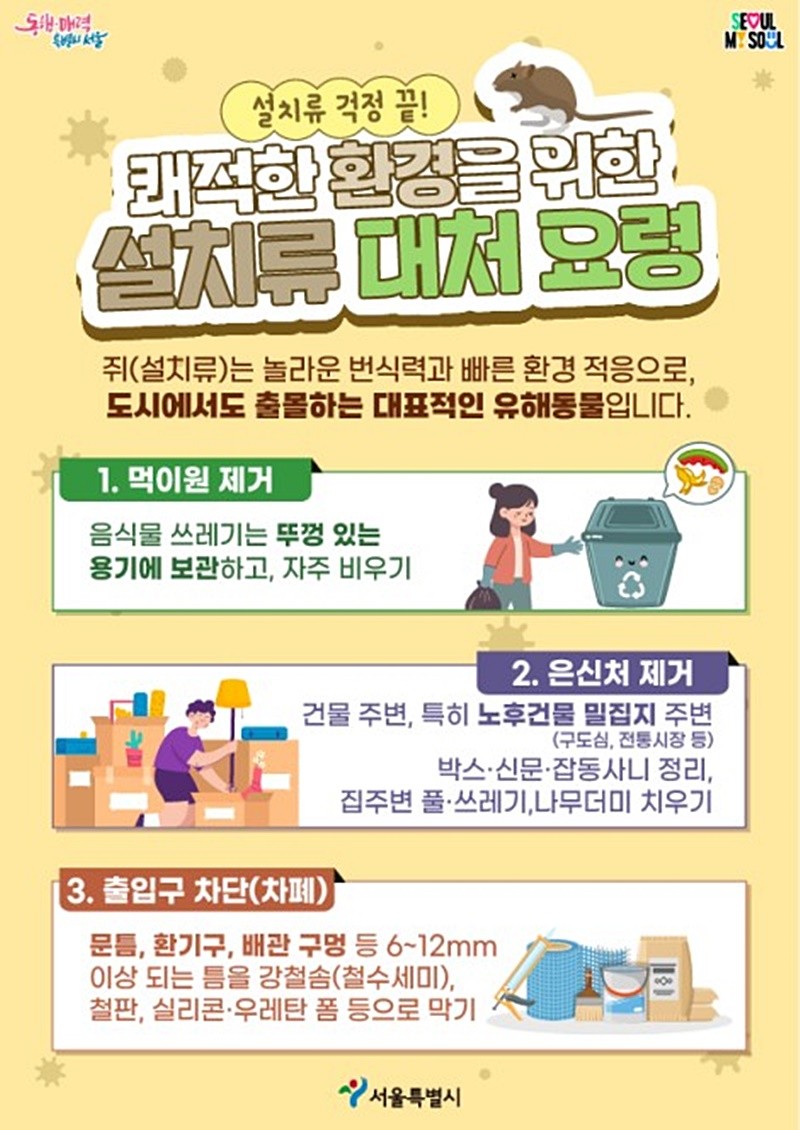 서울시가 안내한 설치류 대처 요령 이미지. 최근 서울 도심에서 쥐를 목격했다는 민원이 급증하자 서울시는 인공지능(AI) 센서·데이터 분석에 기반한 스마트 방제 시스템을 도입한다고 23일 밝혔다. / 서울시 제공