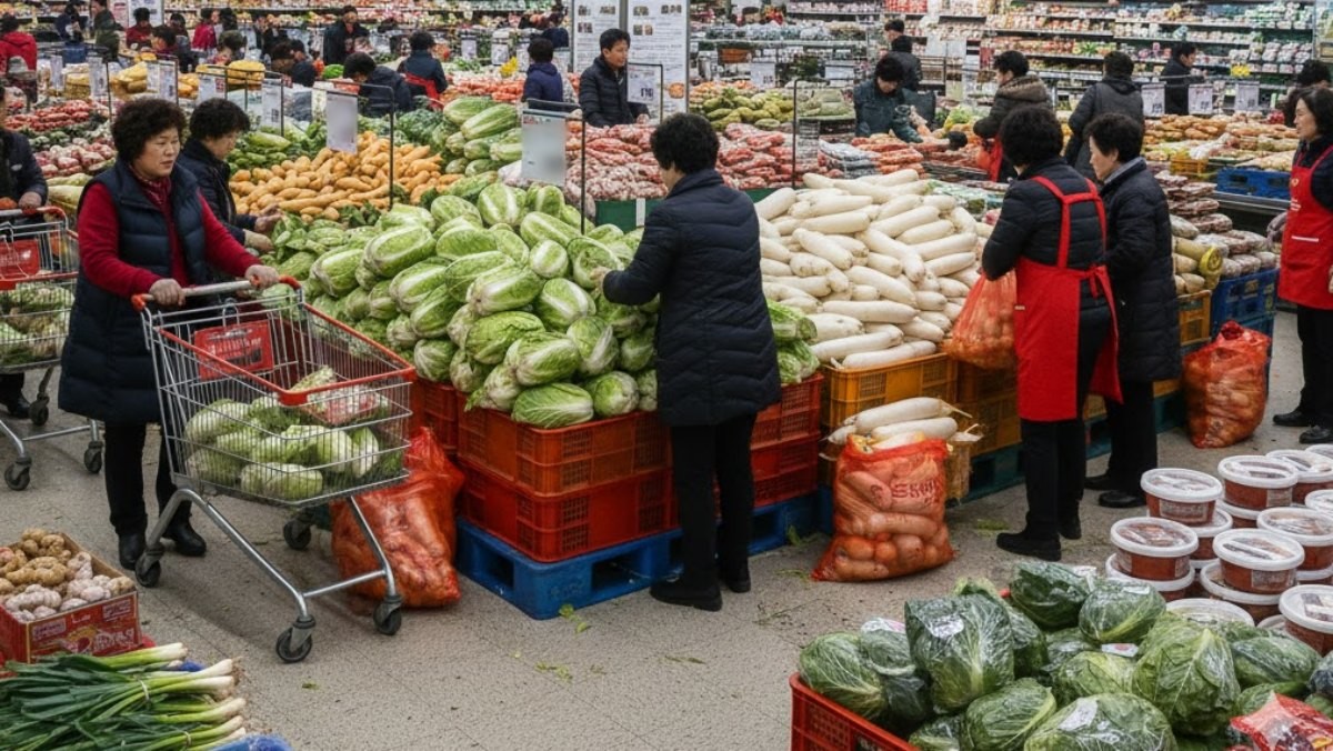 마트에서 김장 재료를 구입하는 사람들. 기사 내용을 바탕으로 AI가 생성한 자료사진.