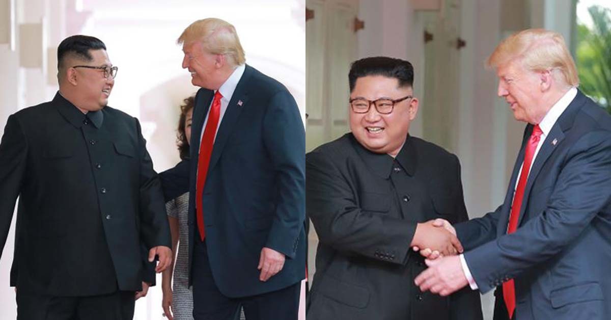 도널드 트럼프 미국 대통령과 김정은 북한 국무위원장이 2018년 6월 싱가포르 북미정상회담에서 악수하는 모습. / 북한 외국문출판사 화보 캡처
