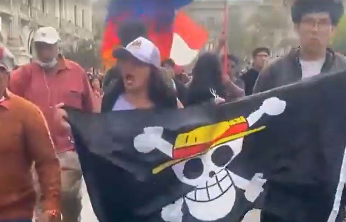 Z세대 시위 현장에서 보이는 '원피스' 밀짚모자 해적단 깃발. / MBC