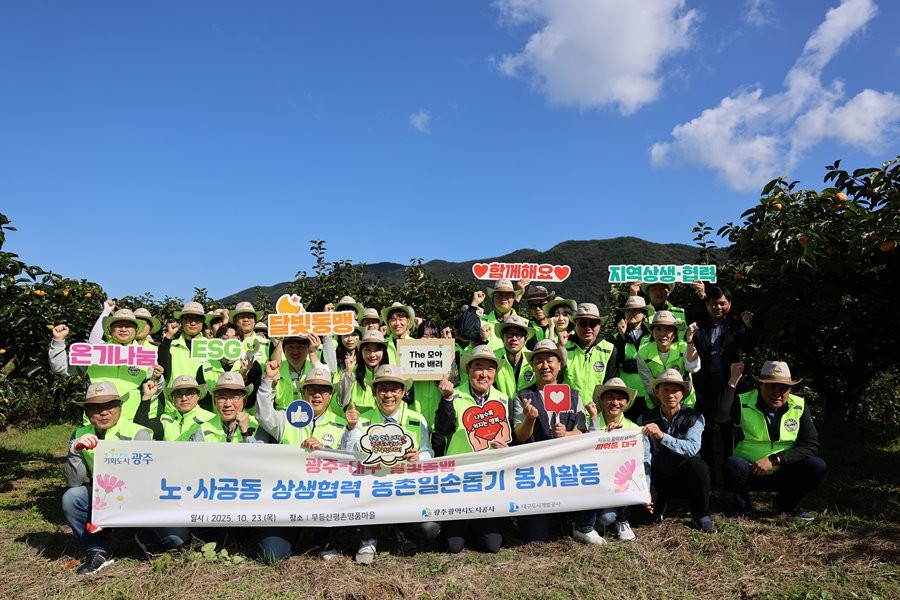대구도시개발공사, 광주광역시도시공사 양 기관 임직원들이 광주 무등산 평촌마을 농가에서 단감 수확 일손 돕기 봉사활동 후 기념촬영을 하고 있다.  / 대구도시개발공사 제공