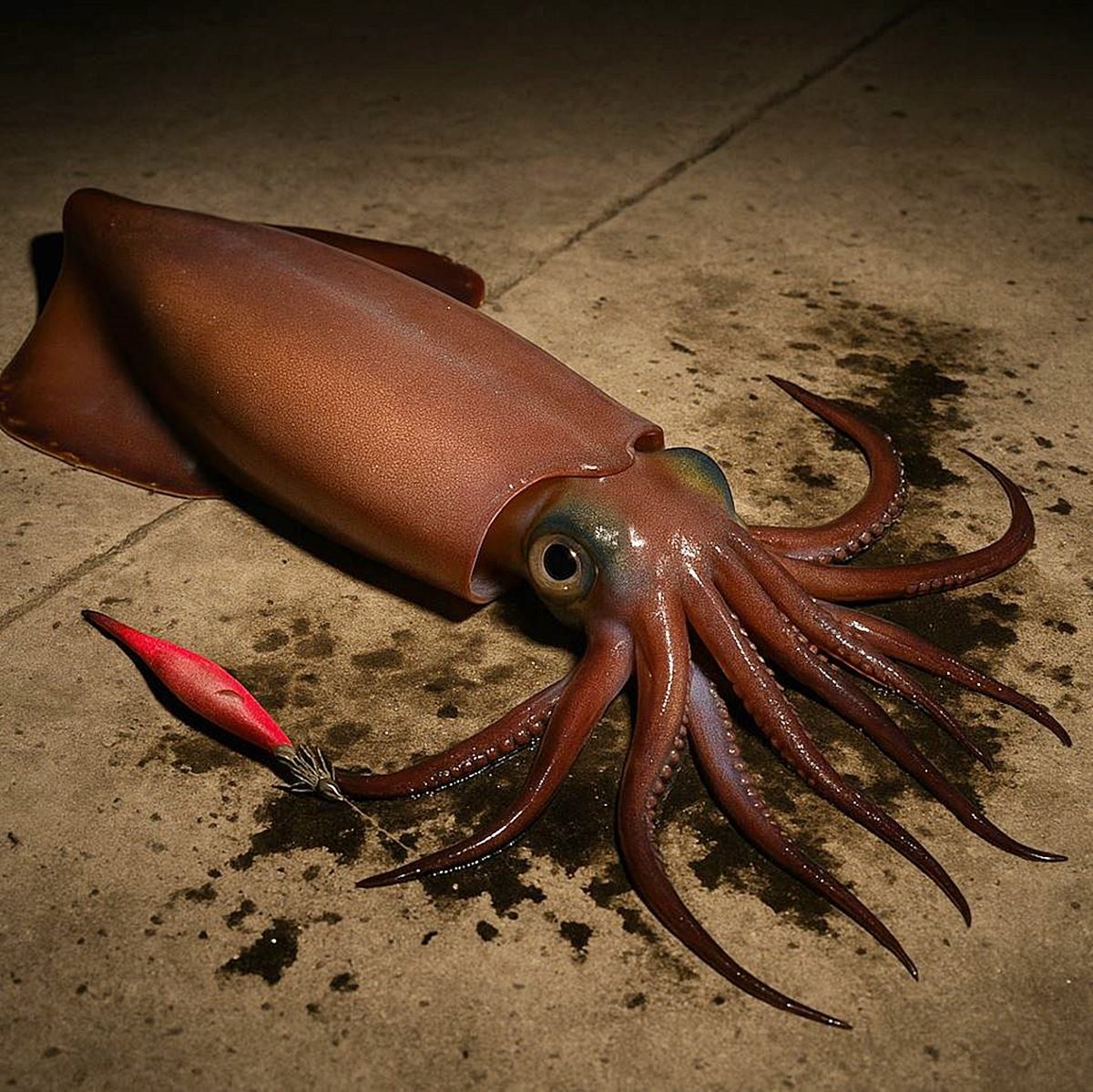 대물 무늬오징어 모습. 기사 이해를 돕기 위해 AI를 활용해 제작한 자료 사진. 실제 모습과 다소 차이가 있을 수 있다. 대물 무늬오징어는 낚시꾼들에게는 꿈의 대상이라 불리며 한 번의 파이팅으로도 강력한 손맛을 느끼게 한다. 특히 우리나라 울릉도 근해에서도 이런 대물 무늬오징어가 종종 잡힌다는 사실이 알려지면서 국내 낚시인들 사이에서 울릉도가 새로운 무늬오징어 명소로 주목받고 있다.