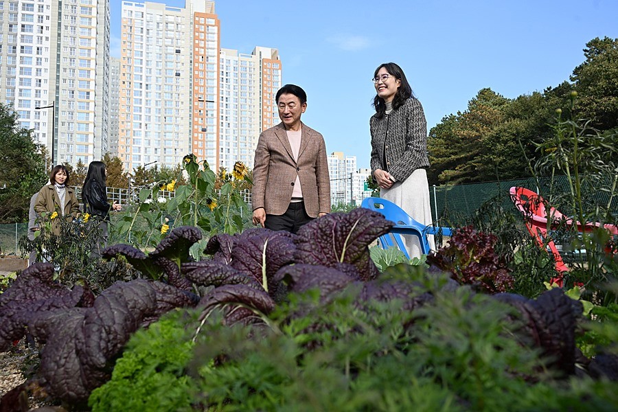 김동근 시장이 10월 29일 ‘민락 힐링 텃밭정원, 텃밭 가꾸기 콘테스트’ 시상식에서 민락 힐링 텃밭정원을 둘러보고 있다