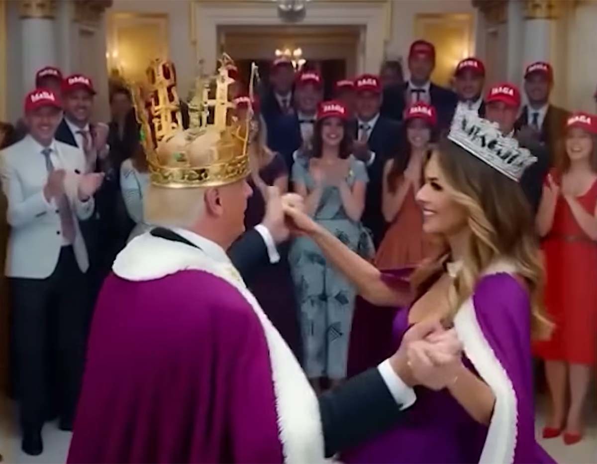 왕관을 쓴 도널드 트럼프 미국 대통령이 춤추는 모습을 담은 AI 영상이 확산하고 있다.    / SBS 뉴스