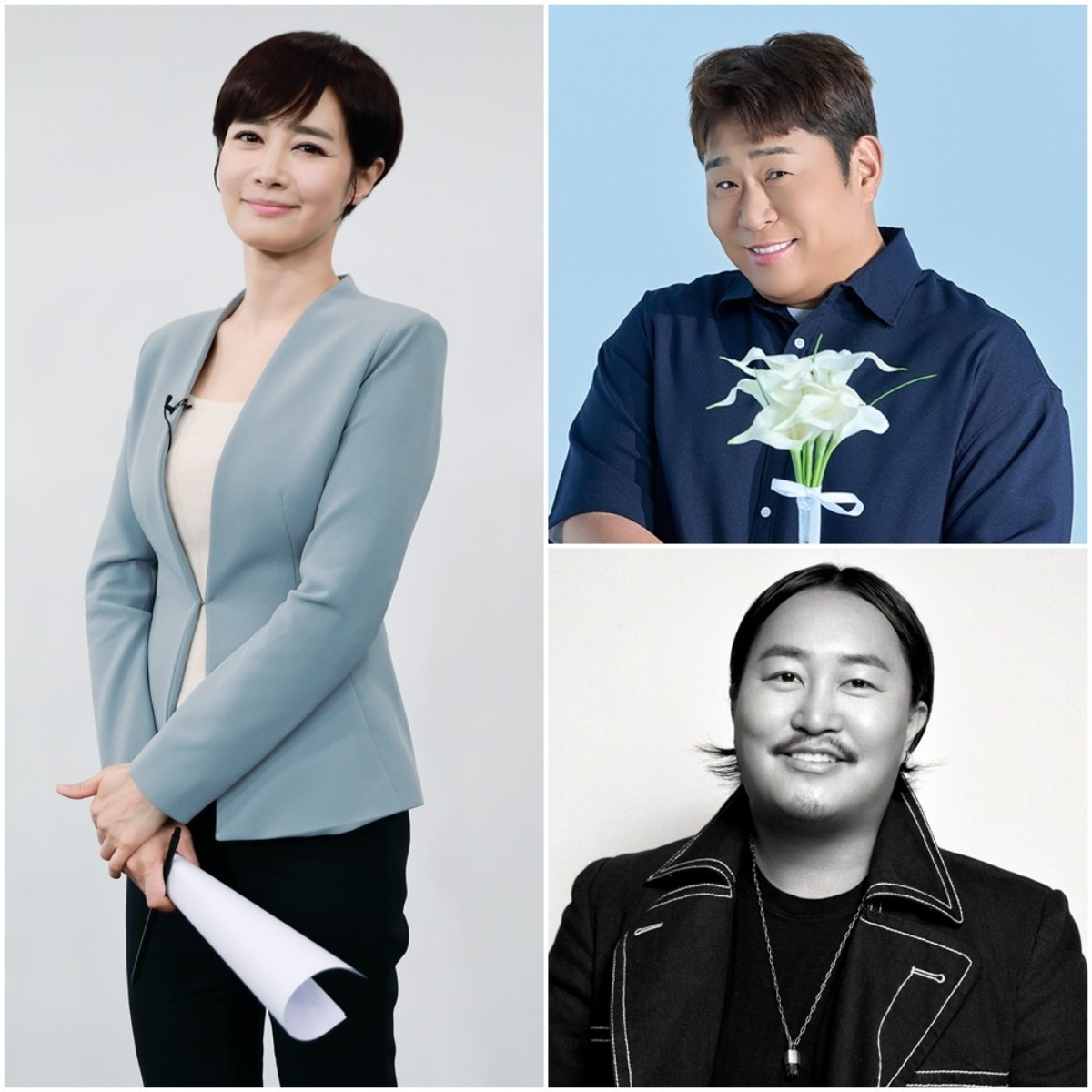 김주하 MBN 매일방송 특임상무(왼)와 코미디언 문세윤(오른쪽 위), 슈퍼루키 조째즈(오른쪽 아래)의 모습. / MBN 제공