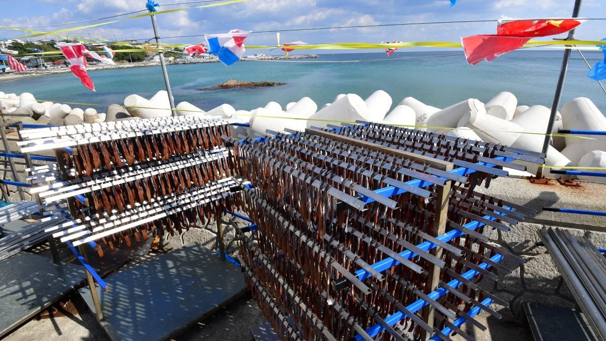 2일 경북 포항시 남구 구룡포 해안도로에서 상인들이 지역 특산물인 꽁치 과메기를 해풍에 말리고 있다. / 뉴스1