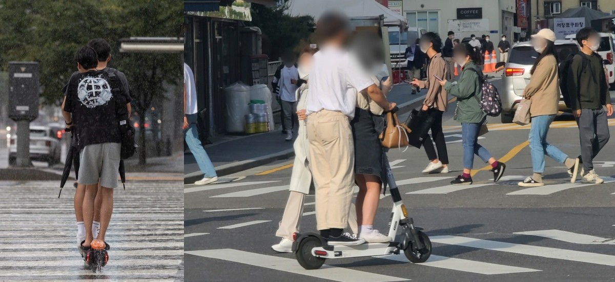 전동 킥보드를 탄 시민들이 위험한 운행을 하고 있다. 기사의 이해를 돕기 위한 사진 / 뉴스1
