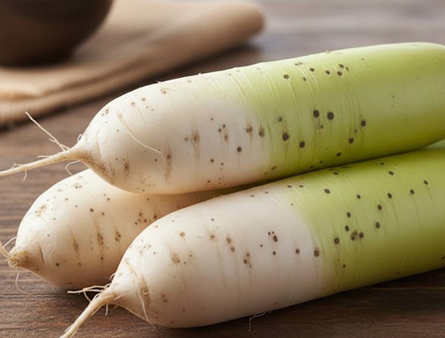 탄저병으로 인해 검은 점이 박힌 무. AI 툴로 만든 사진.