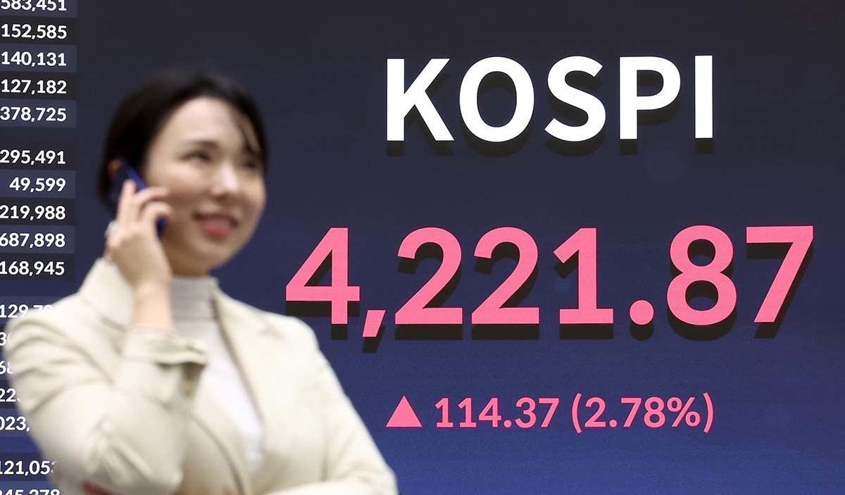코스피가 4220선을 돌파하며 사상 최고치를 경신한 3일 서울 여의도 한국거래소 현황판에 종가가 표시되고 있다. 이날 코스피는 전 거래일 대비 114.37포인트(2.78%) 오른 4221.87, 코스닥은 전 거래일 대비 14.13포인트(1.57%)상승한 914.55로 장을 마쳤다. / 뉴스1