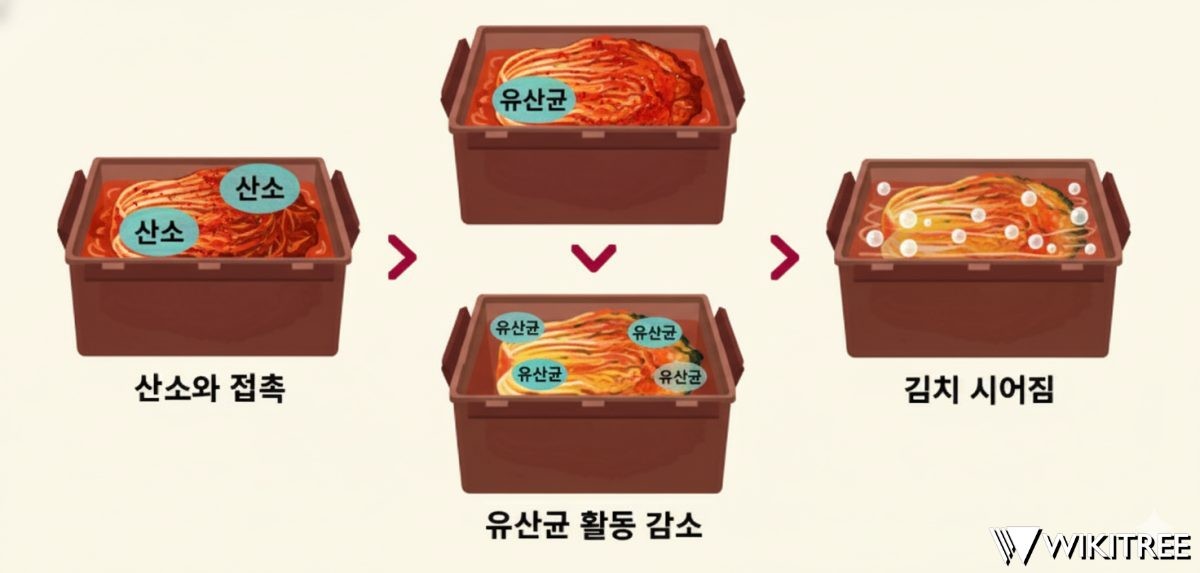 김치가 공기 중에 노출되는 과정. LG전자 설명 바탕으로 제작한 이미지. / 위키트리