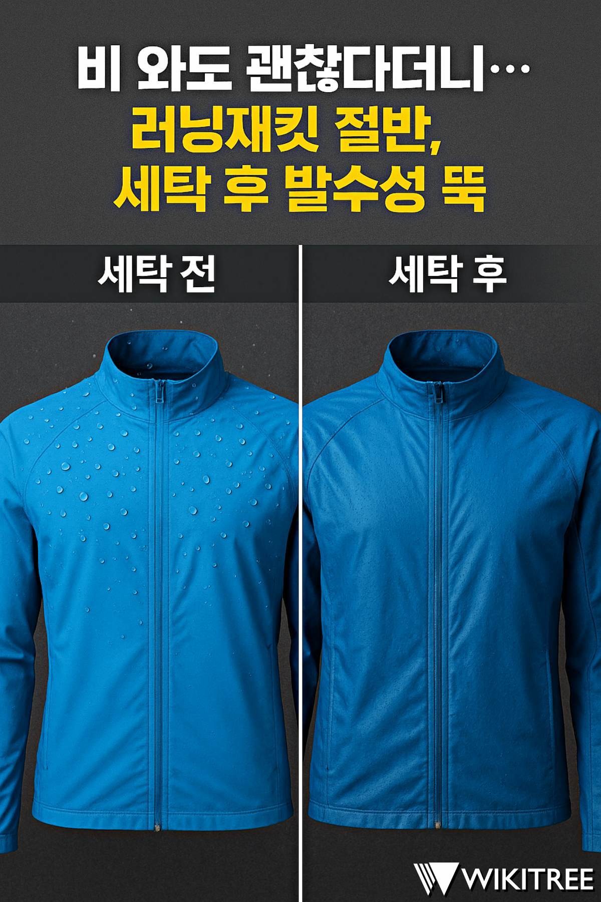 한국소비자원은 소비자 선호도가 높은 러닝 재킷 8종의 발수성을 조사하기 위해 다섯 차례 세탁한 결과 4종의 발수성이 약해졌다고 5일 밝혔다. / 위키트리