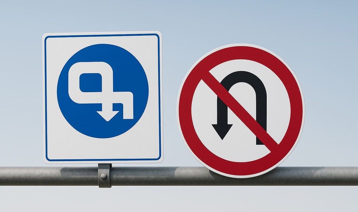 도로에 있는 P턴 표지판(왼쪽) 모습. 오른쪽은 유턴 금지 표지판 모습. 기사 이해를 돕기 위해 AI를 화용해 제작한 자료 사진입니다. 실제 모습과 다소 차이가 있을 수 있습니다.