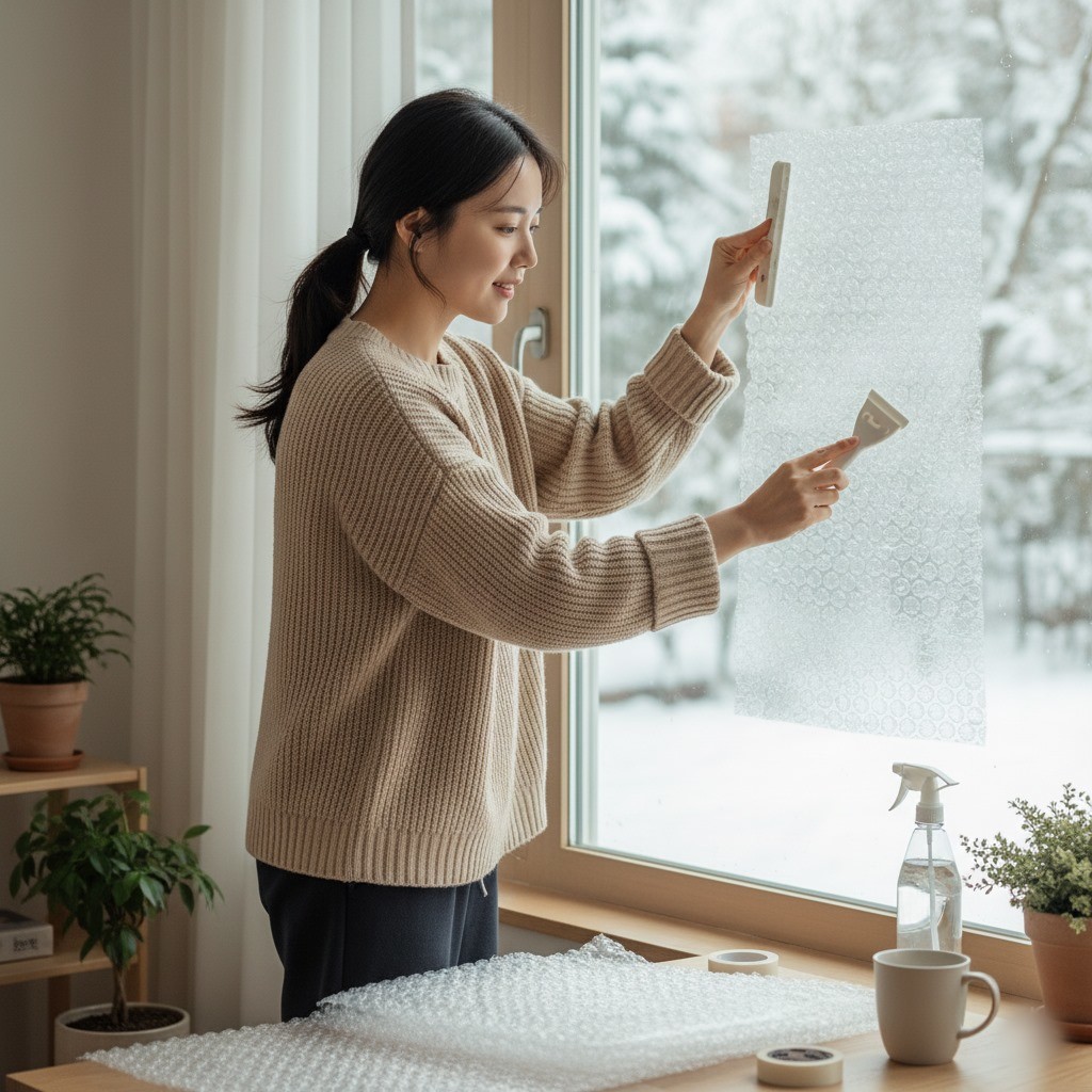 겨울철 난방 효과를 높이기 위해 창문에 뽁뽁이를 붙이고 있는 모습