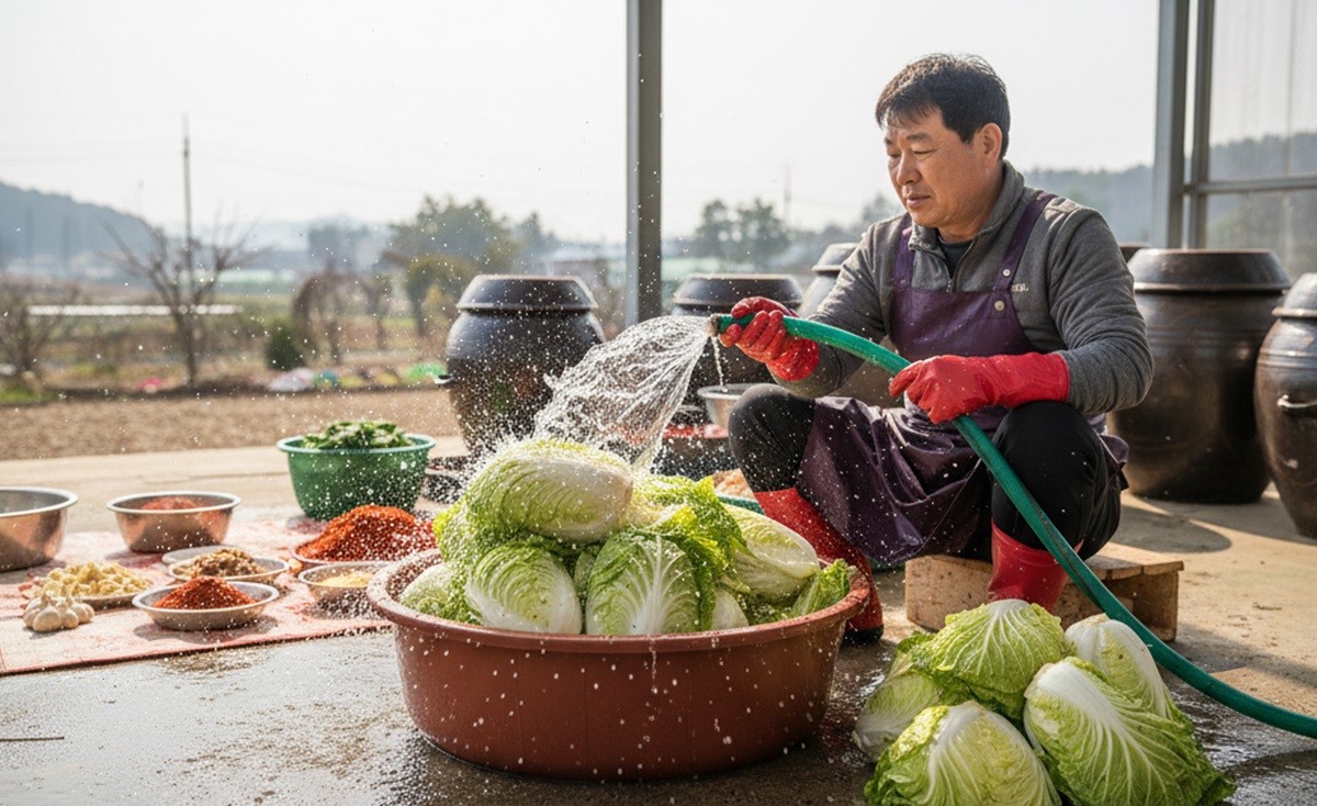 고무호스로 김장 배추를 세척 중인 이미지