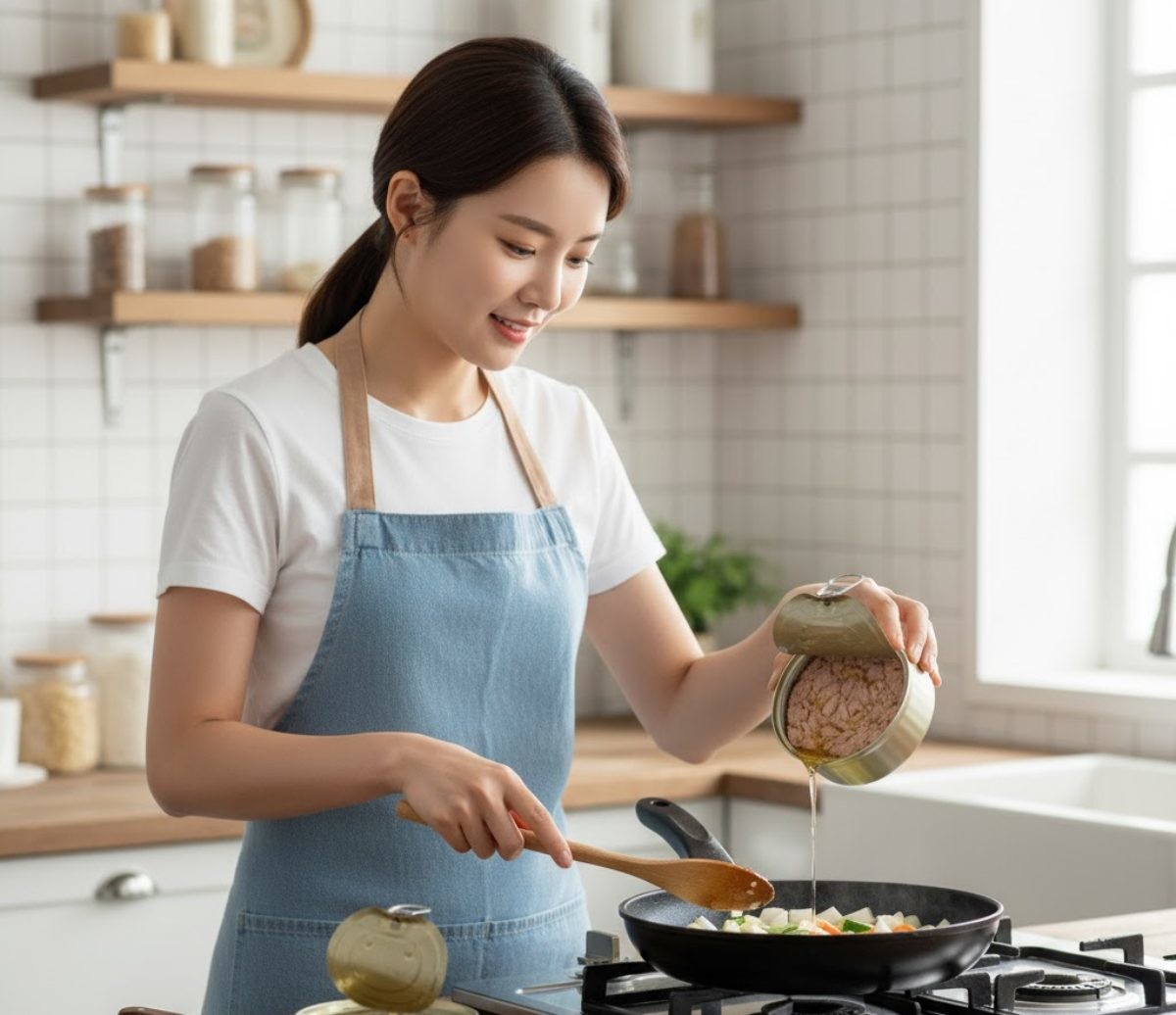 참치캔으료 요리하는 주부의 모습. 기사 내용을 바탕으로 AI가 생성한 자료사진.