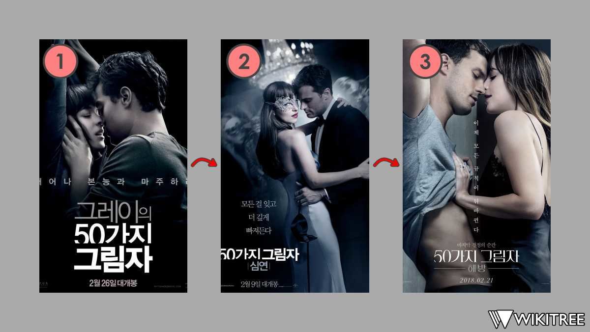 유니버설 픽쳐스 제공 포스터 바탕으로 제작한 50가지 그림자 시리즈 변화 이미지. / 위키트리