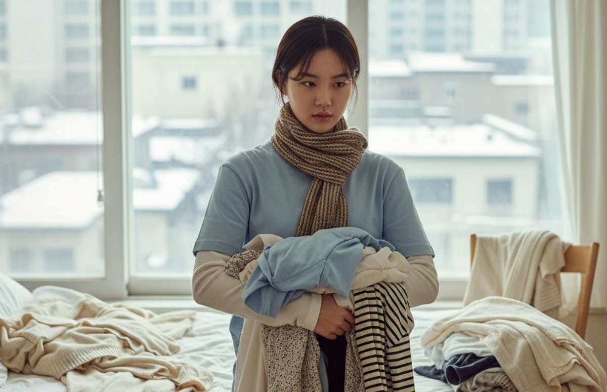 추운 날씨에 대비하기 위해 옷을 껴입는 사람. 기사 내용을 바탕으로 AI가 생성한 자료사진.