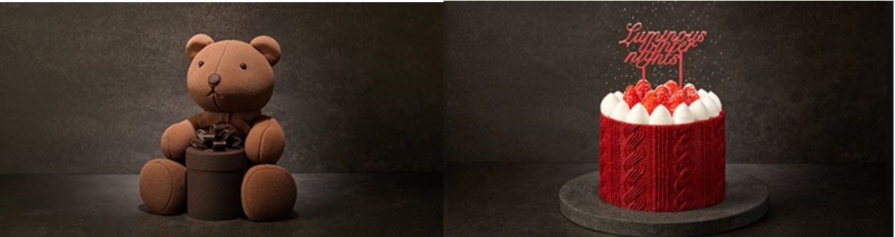'더 조이풀 신라베어' 케이크 (왼쪽), '루미너스 레드' 케이크 (오른쪽) / 서울신라호텔 제공