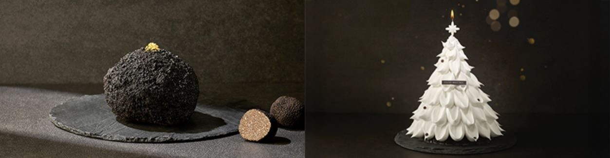 '누아 트러플 미니' 케이크 (왼쪽), '화이트 홀리데이' 케이크 (오른쪽) / 서울신라호텔 제공