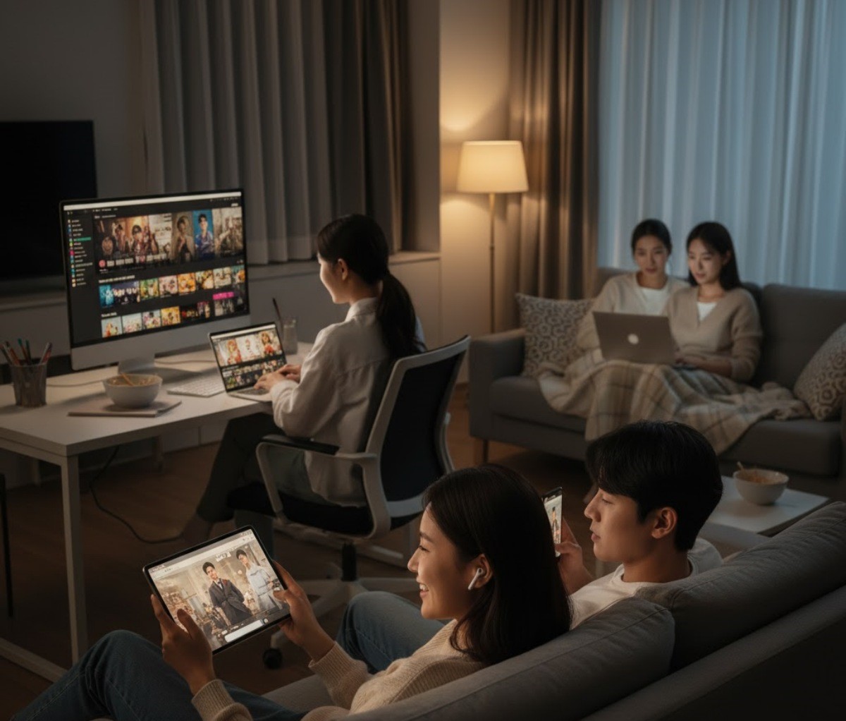 다양한 기기로 OTT를 시청하는 사람들. 기사 내용을 바탕으로 AI가 생성한 자료사진.