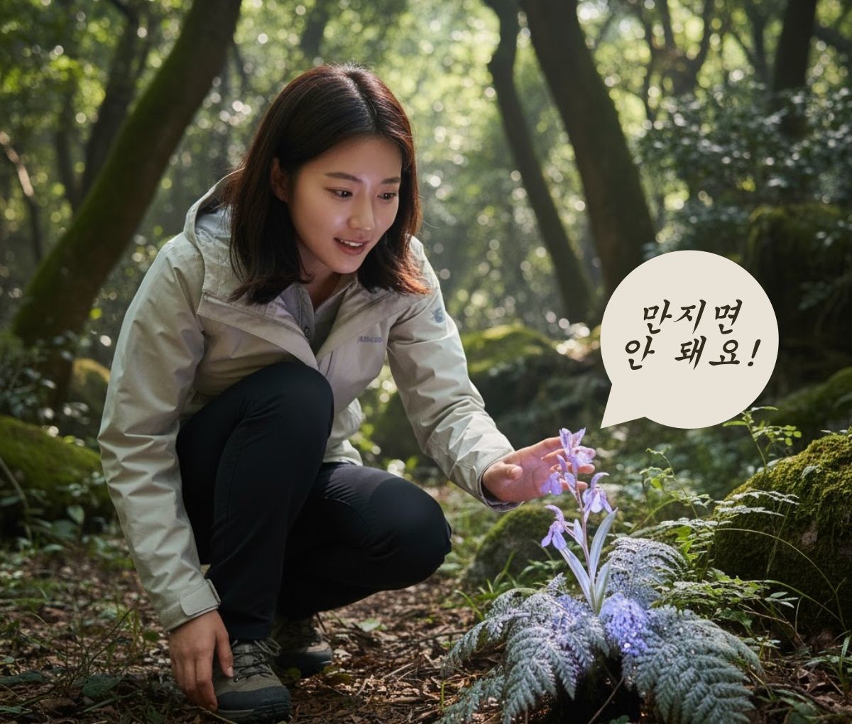 멸종위기종 식물을 함부로 만지려는 사람. AI가 생성한 자료사진.