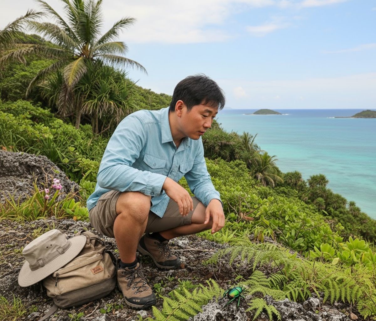 곤충을 발견한 행인. AI가 생성한 자료사진.