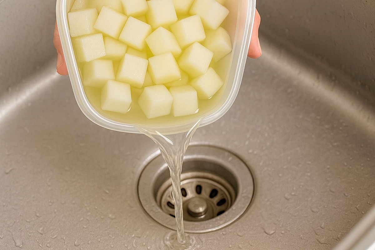 치킨무 속 액체를 싱크대 배수구에 버리는 모습. 기사 이해를 돕기 위해 AI를 활용해 제작한 자료 이미지입니다. 실제 모습과 다소 차이가 있을 수 있습니다.