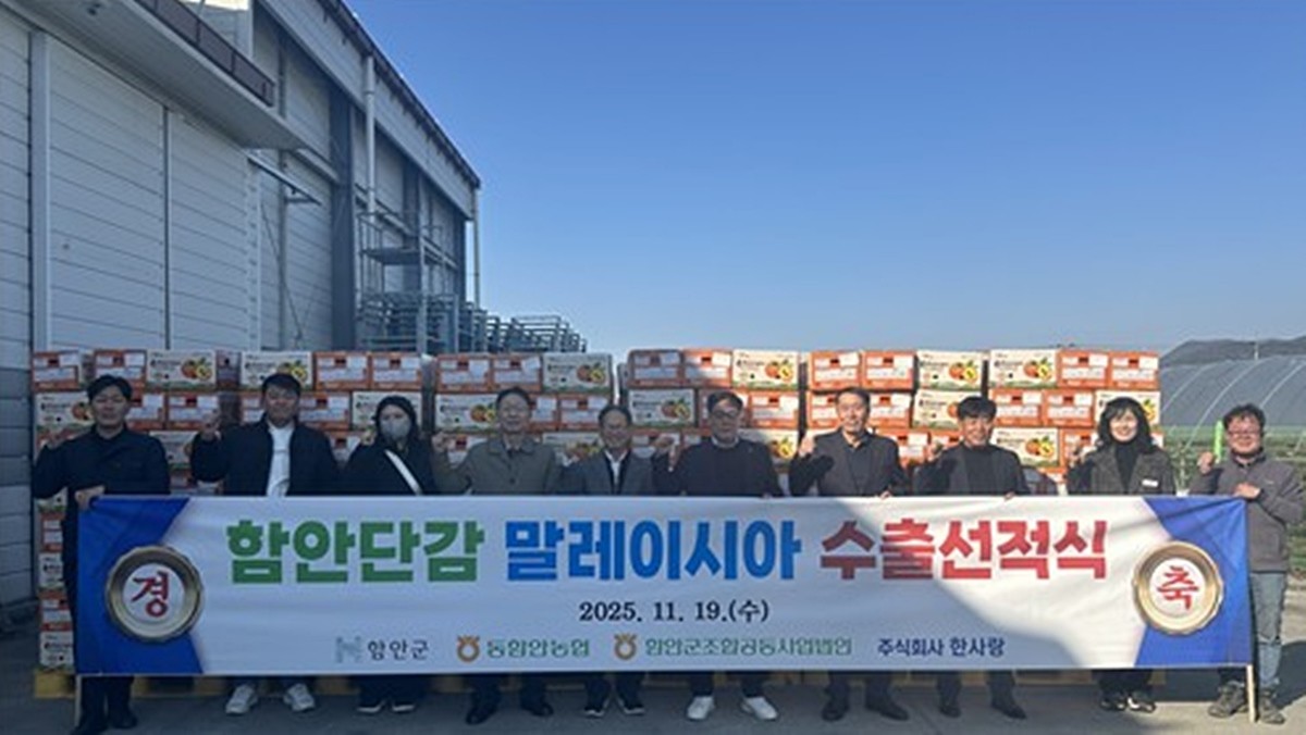 함안 단감 말레이시아 수출 선적식 모습. 경남 함안군은 지난 19일 함안군 칠북면 소재 탑프루트 영농조합법인에서 말레이시아 수출을 위한 단감 선적식을 진행했다고 20일 밝혔다. 함안군은 조만간 필리핀으로도 함안 단감 약 20톤을 수출할 예정이라고 밝혔다. / 경남 함안군 제공