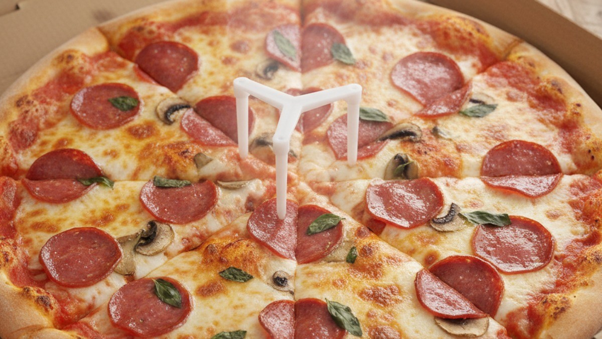 AI로 생성한 피자와 피자 세이버 자료사진. 피자 세이버는 피자의 종이 상자로부터 피자를 보호해준다.