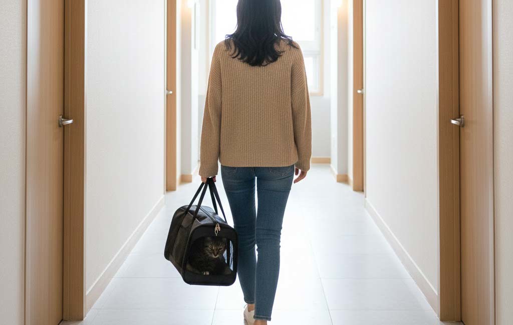 고양이 케이지를 들고 있는 여성. AI 툴로 만든 사진.