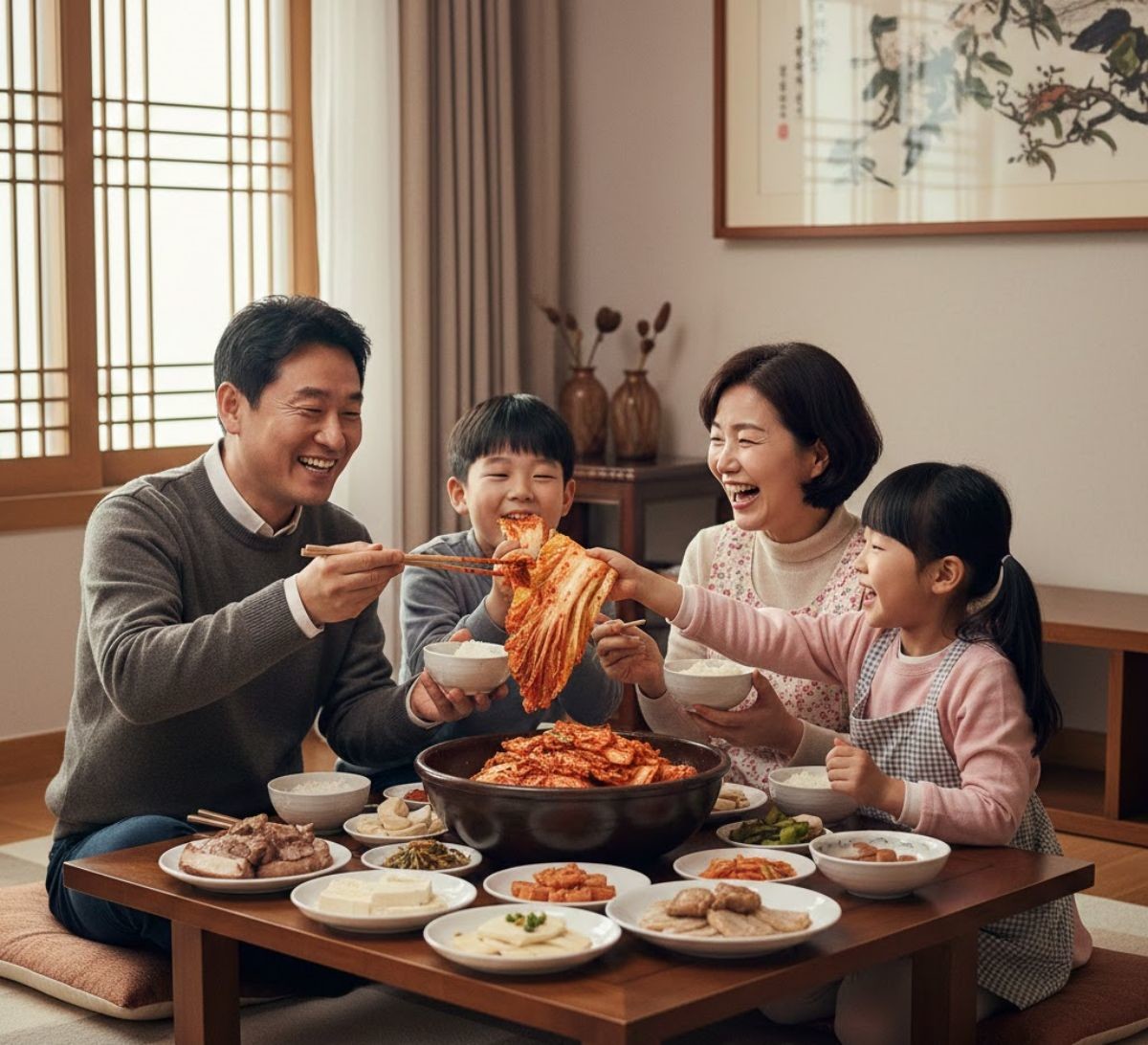 김장 김치를 먹는 가족. 기사 내용을 바탕으로 AI가 생성한 자료사진.