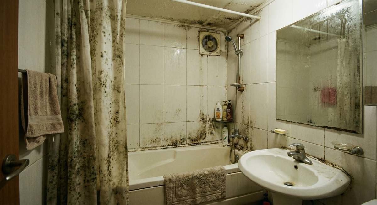 욕실 곰팡이. 극단적인 사례. 기사 내용을 바탕으로 AI가 생성한 자료사진.