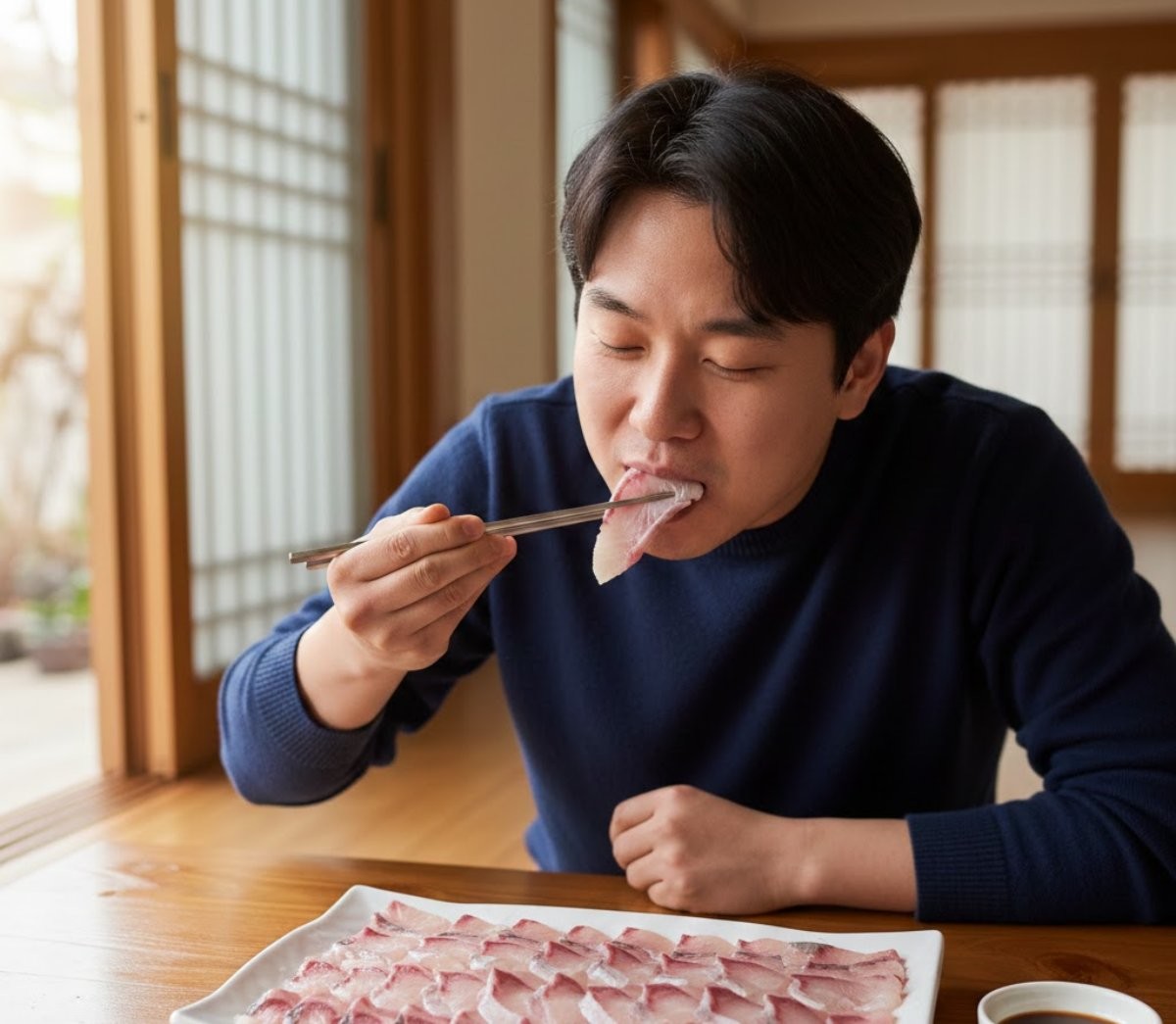 가숭어 회를 먹는 사람. AI가 생성한 자료사진. (실제와 차이가 있을 수 있음을 알립니다.)